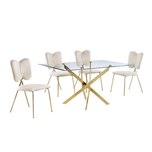 Pemberly Row Rectangle 60&quot x 38&quot 5pc Clear Glass Dining Set with Cream Chairs