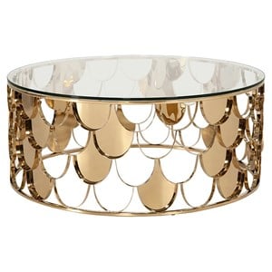 Pemberly Row Round Modern Metal & Glass Coffee Table in Gold & Clear