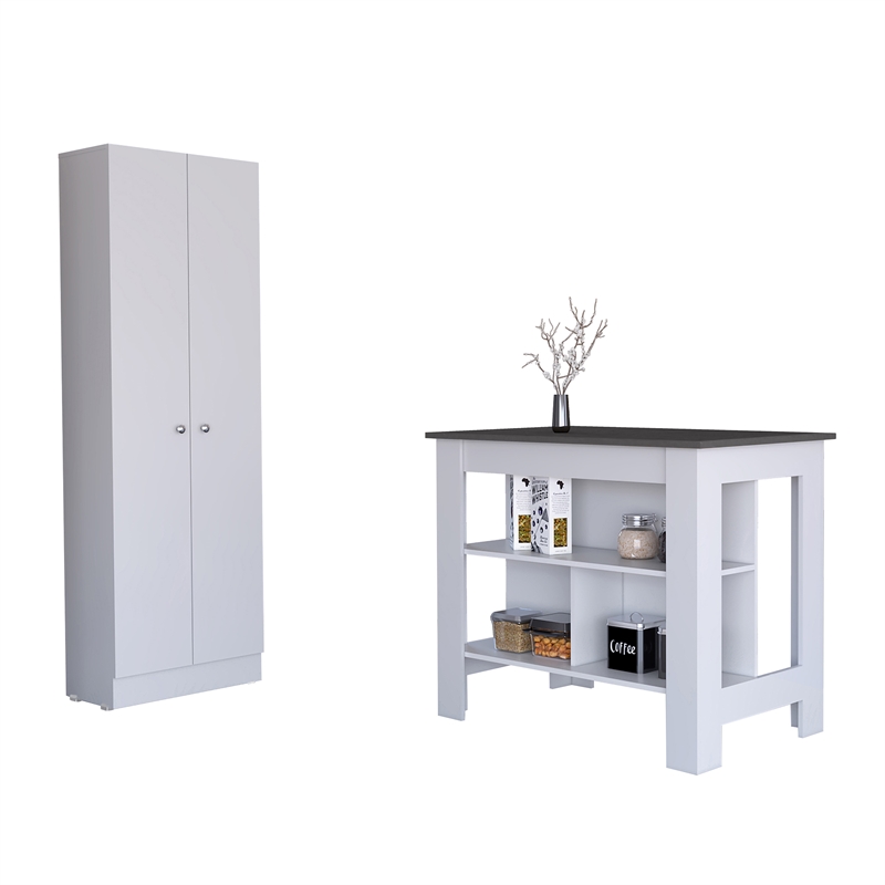 Pemberly Row 2 Piece Kitchen Set Kitchen Island and Kitchen Pantry in White Onyx