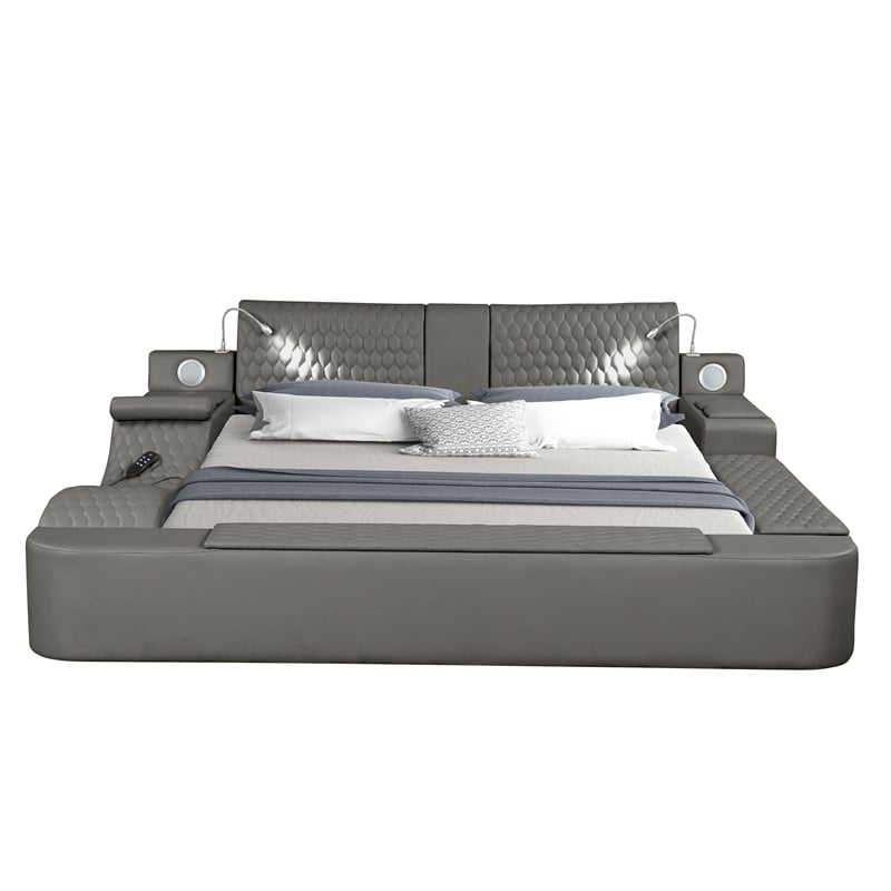 Pemberly Row Smart Multifunctional King Size Bed Made with Wood in Gray