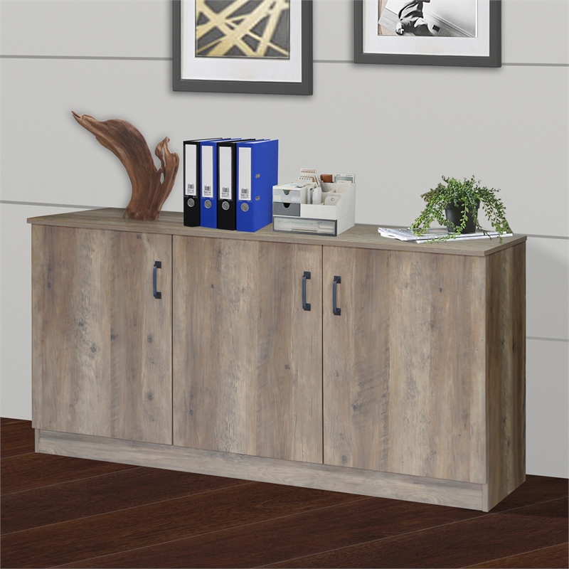 Pemberly Row Contemporary 3-Door Credenza Storage Cabinet in Rustic Oak
