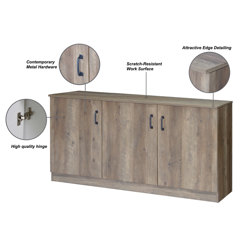 Pemberly Row Contemporary 3-Door Credenza Storage Cabinet in Rustic Oak