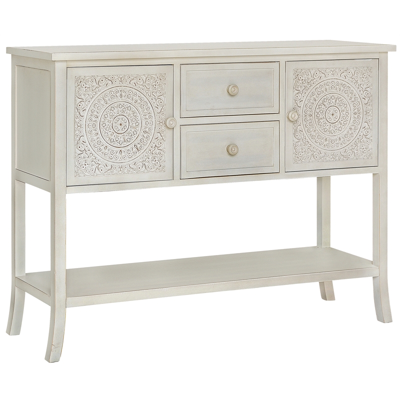 Pemberly Row Antiqued Carved Transitional Wood Console Table in White