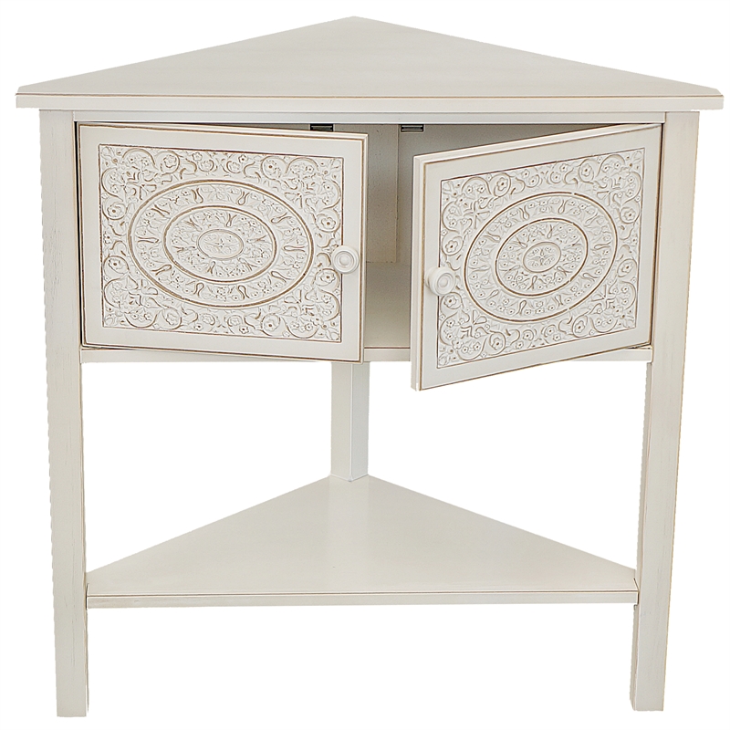 Pemberly Row Antiqued Carved Transitional Wood Corner Table in White