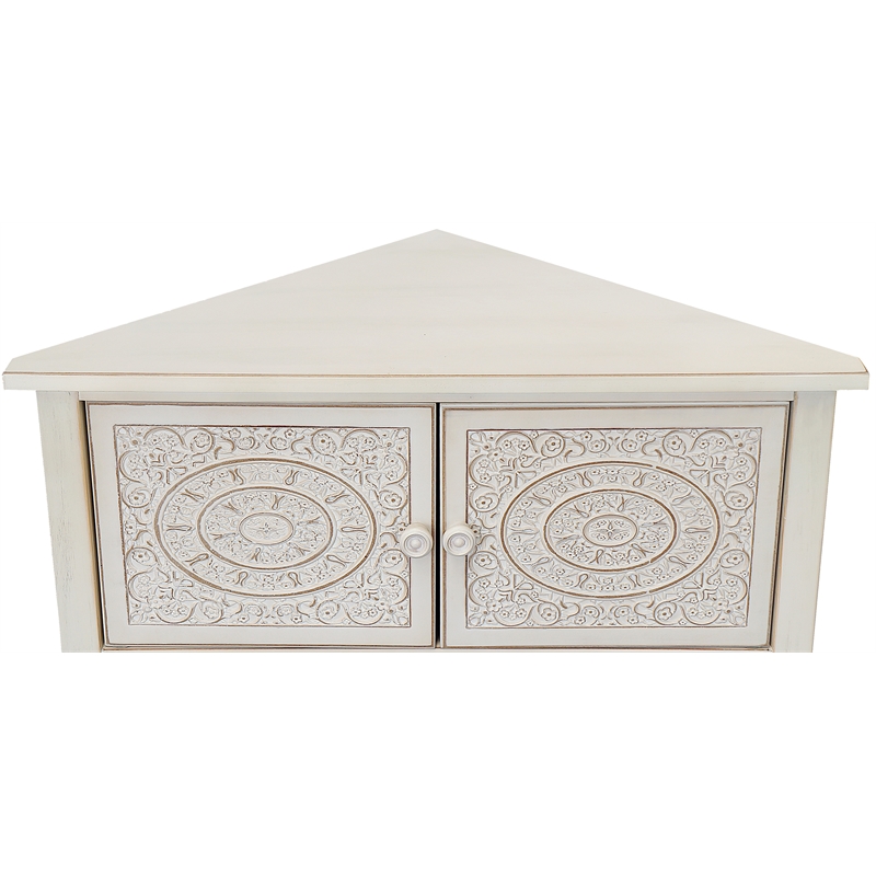 Pemberly Row Antiqued Carved Transitional Wood Corner Table in White