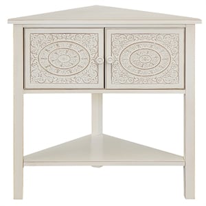 Pemberly Row Antiqued Carved Transitional Wood Corner Table in White