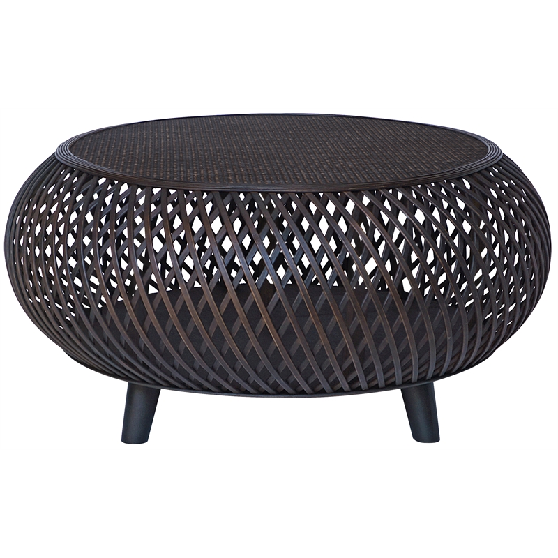 Pemberly Row Round Transitional Rattan Coffee Table in Brown