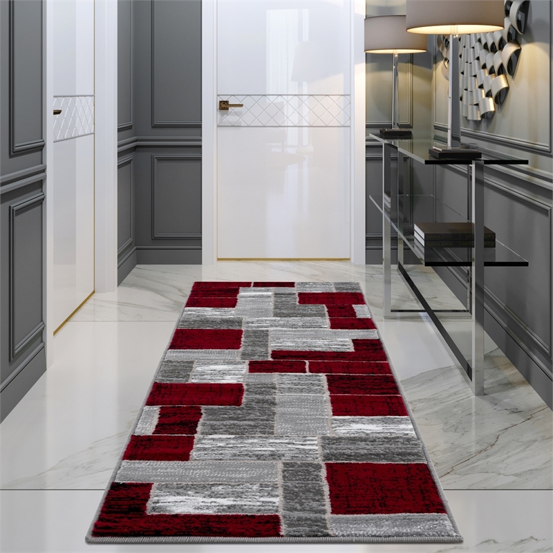 Pemberly Row Mid-Century Red Geometric 2 ft. x 6 ft. Fabric Runner Rug