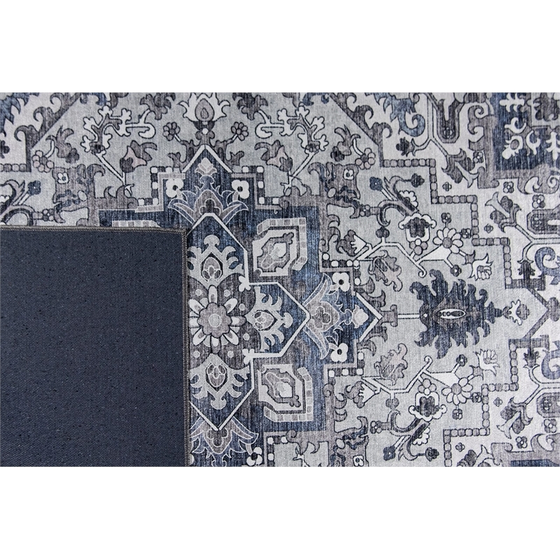 Pemberly Row Blue Traditional Washable 5 ft. x 7 ft. Fabric Area Rug