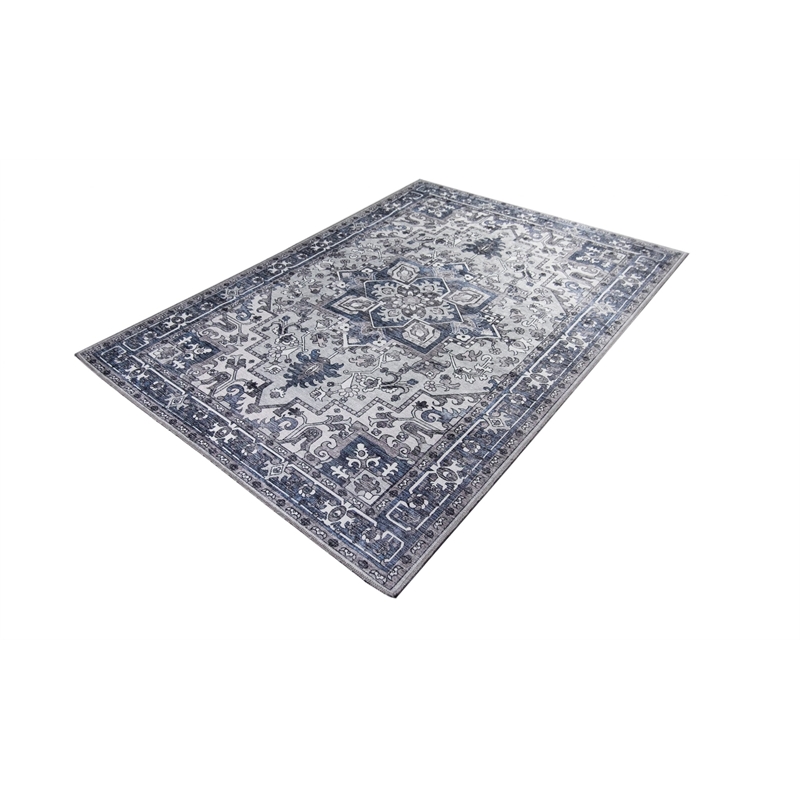 Pemberly Row Blue Traditional Washable 5 ft. x 7 ft. Fabric Area Rug