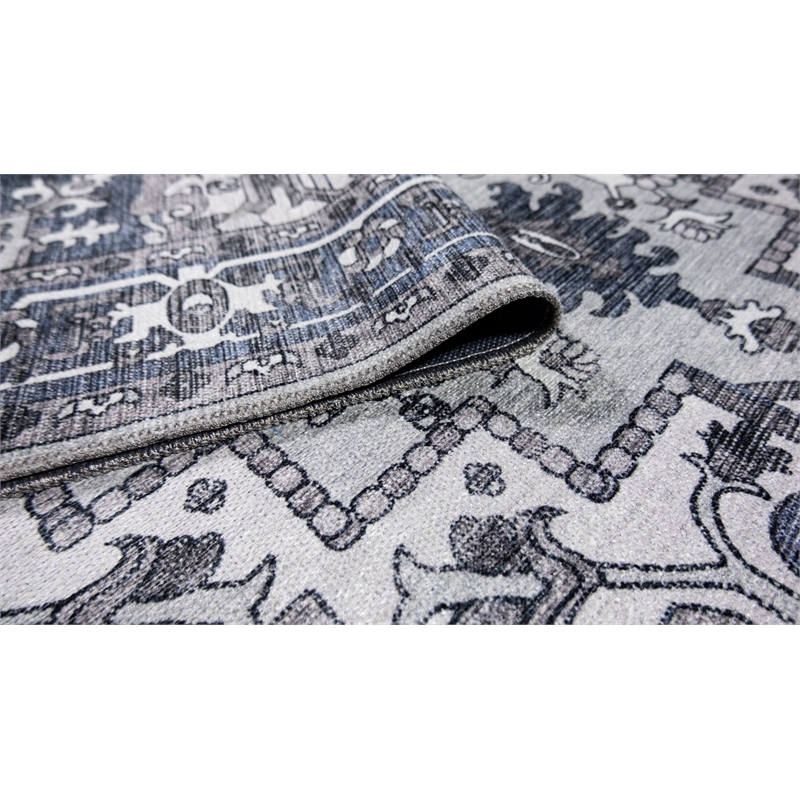 Pemberly Row Blue Traditional Washable 5 ft. x 7 ft. Fabric Area Rug