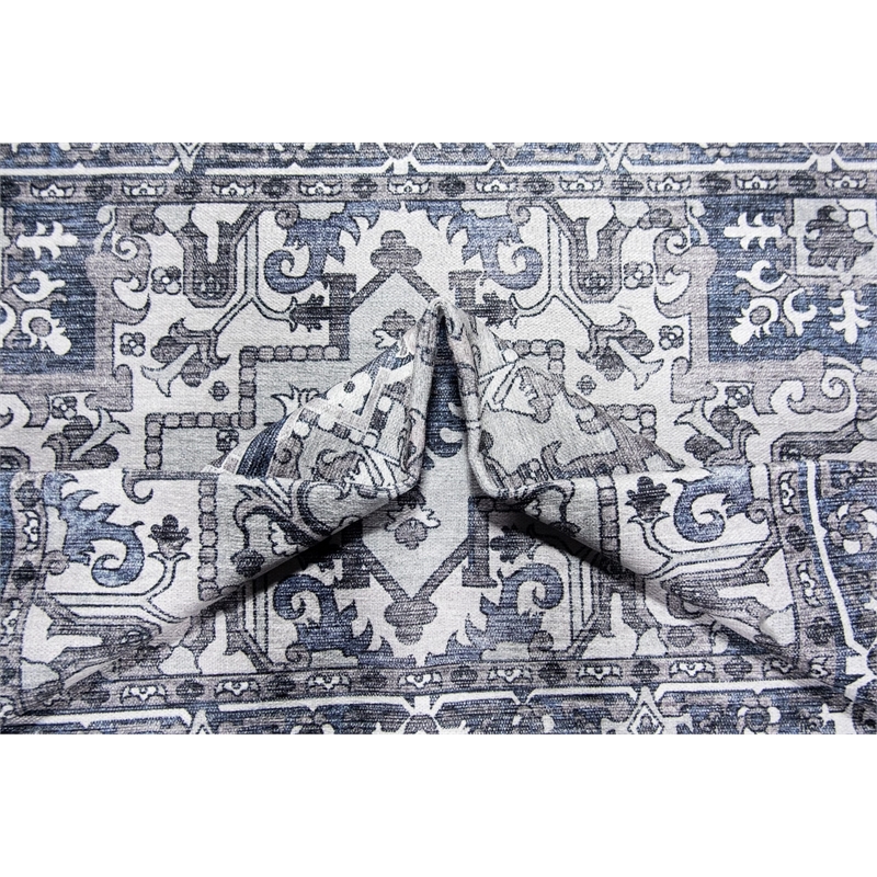 Pemberly Row Blue Traditional Washable 8 ft. x 10 ft. Fabric Area Rug