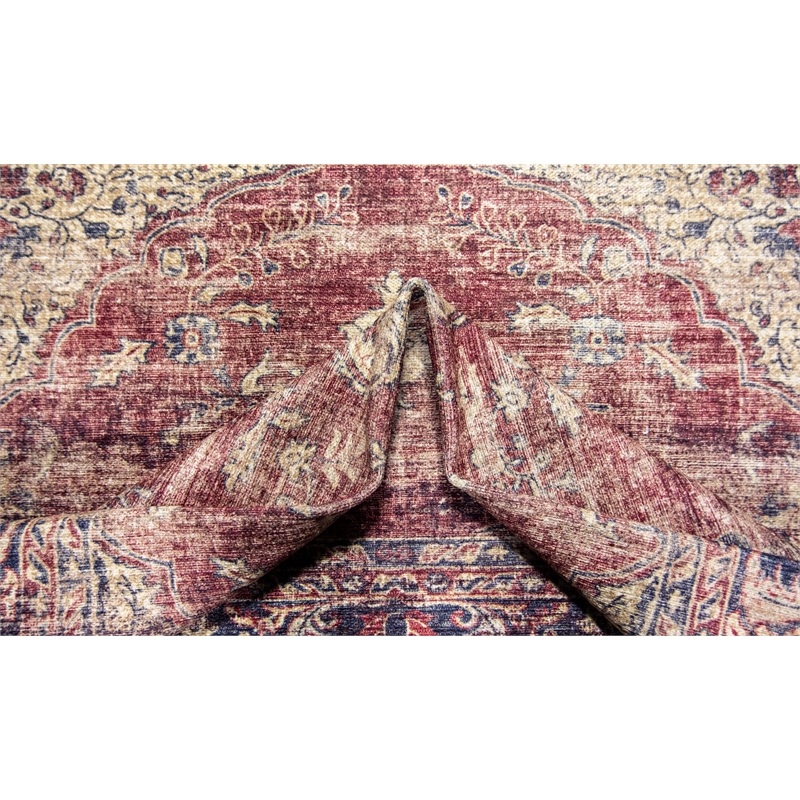 Pemberly Row Red Distressed Washable 5 ft. x 7 ft. Fabric Area Rug