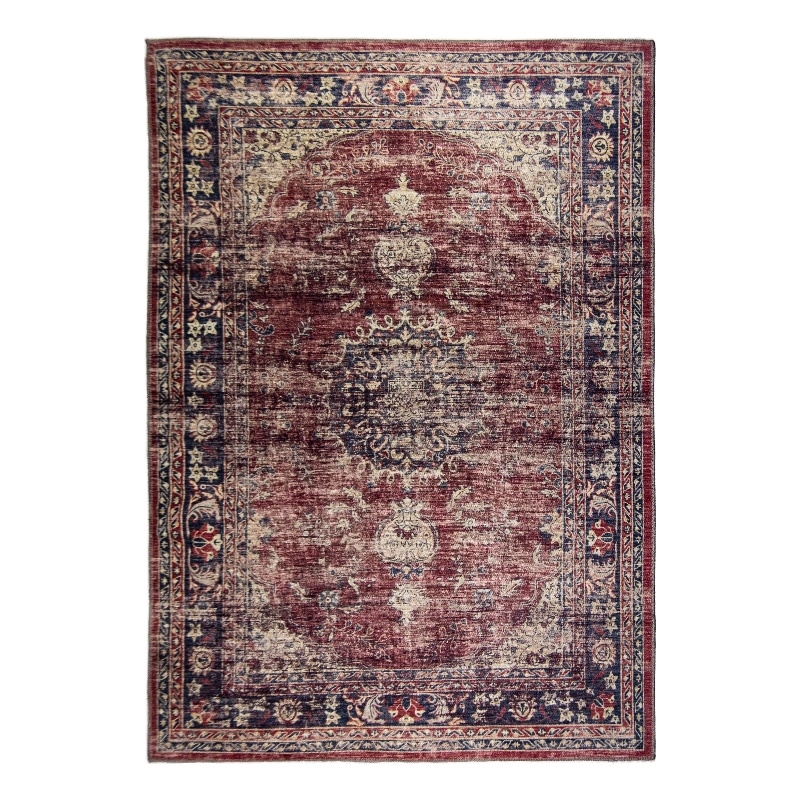 Pemberly Row Red Distressed Washable 5 ft. x 7 ft. Fabric Area Rug