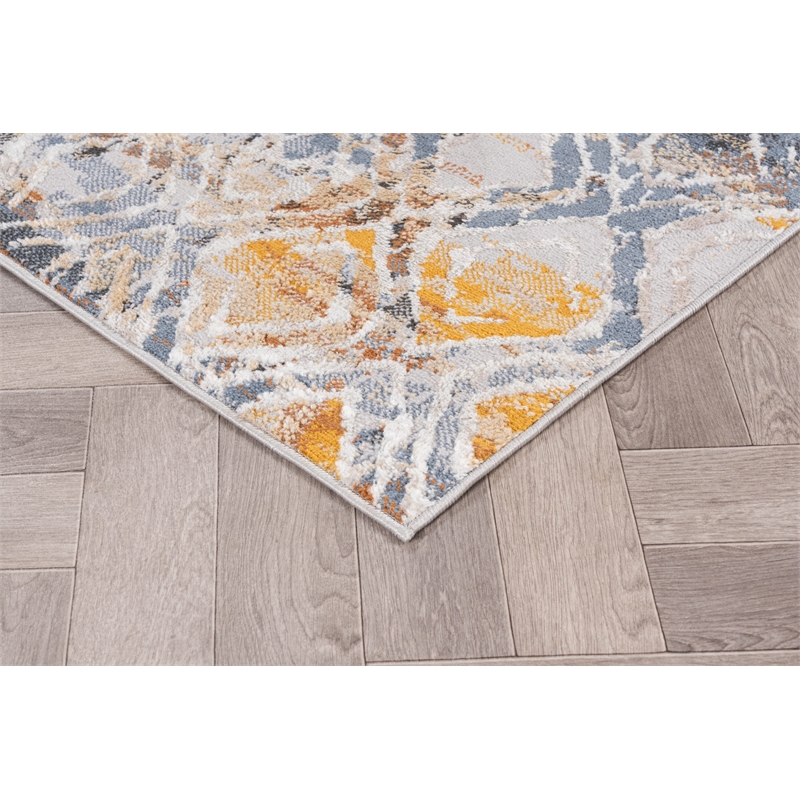Pemberly Row Distressed Blue Geometric 2 ft. x 6 ft. Fabric Runner Rug