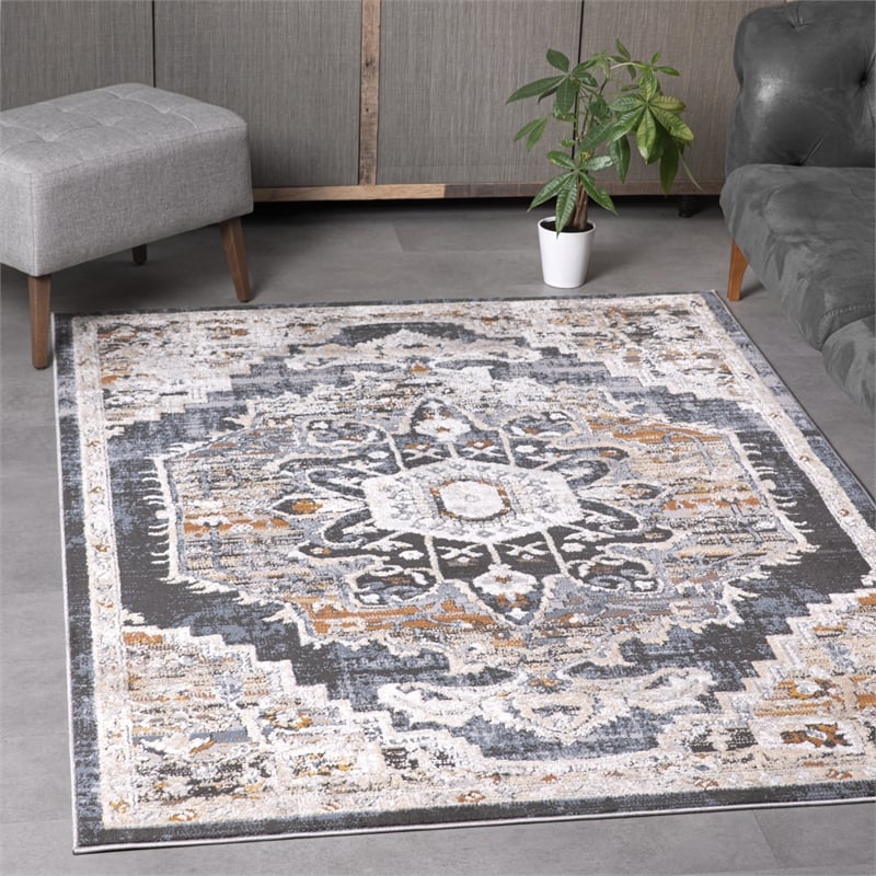 Pemberly Row Traditional Blue Oriental 5 ft. x 7 ft. Fabric Area Rug