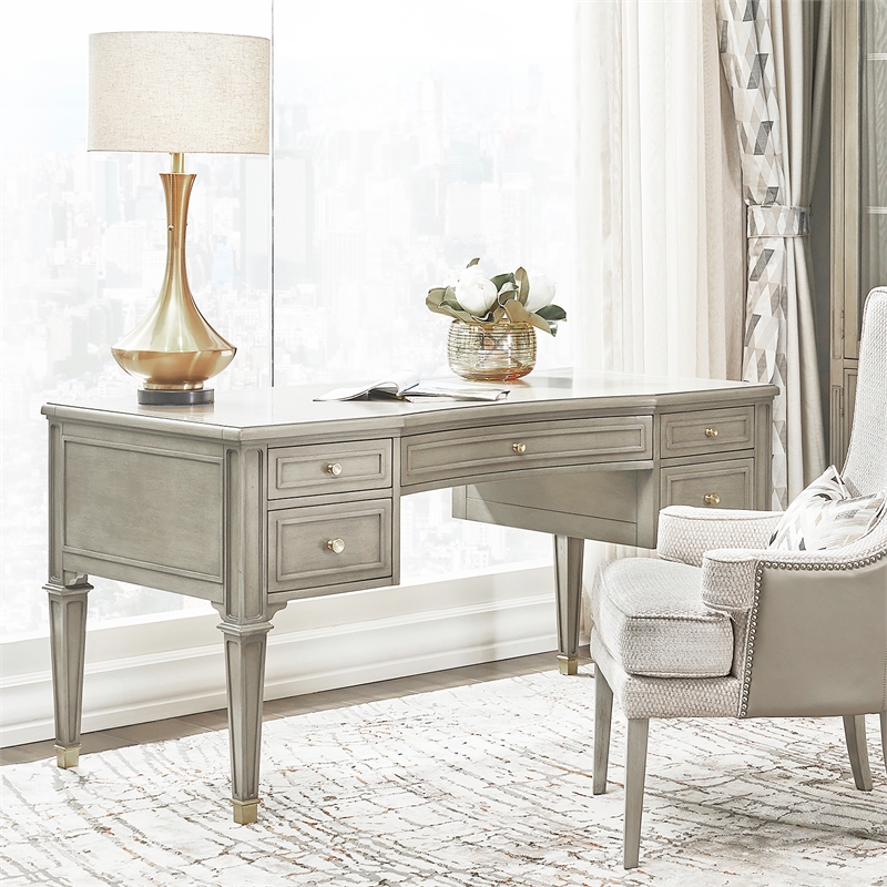Pemberly Row Gold Accent 5-Drawer Wood Desk in Grey Cashmere