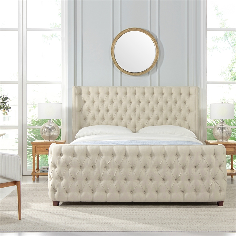 Pemberly Row Contemporary Tufted Bed King in Light Beige Linen