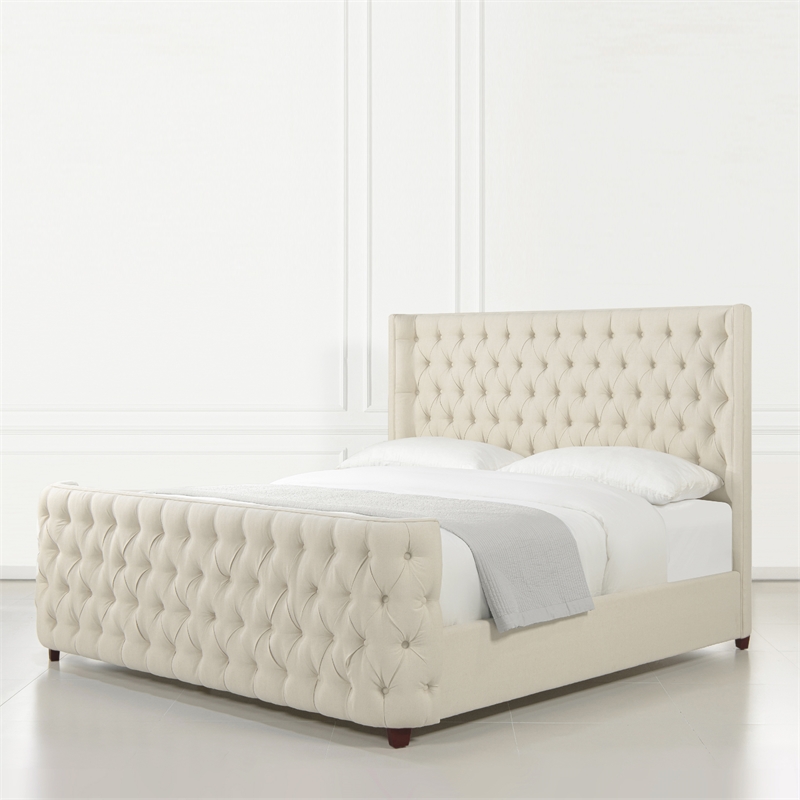 Pemberly Row Contemporary Tufted Bed King in Light Beige Linen