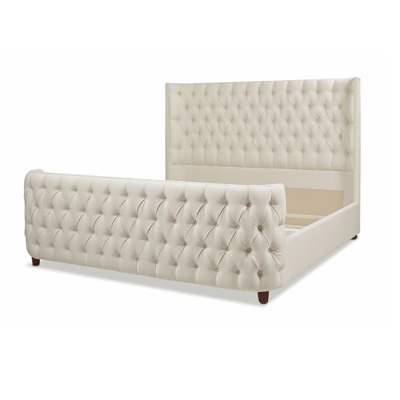 Pemberly Row Contemporary Tufted Bed King in Light Beige Linen