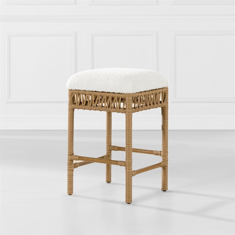 Pemberly Row Backless Counter Stool with Resin Rattan Frame Ivory White Boucle