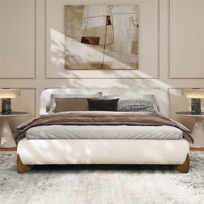 Pemberley Row Boucle Ivory White Platform Queen Bed Rectangular Rounded Headboard 72