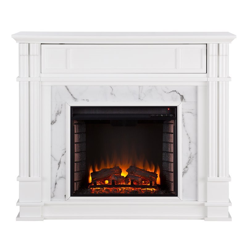 Pemberly Row Faux Marble Electric Fireplace TV Stand in White