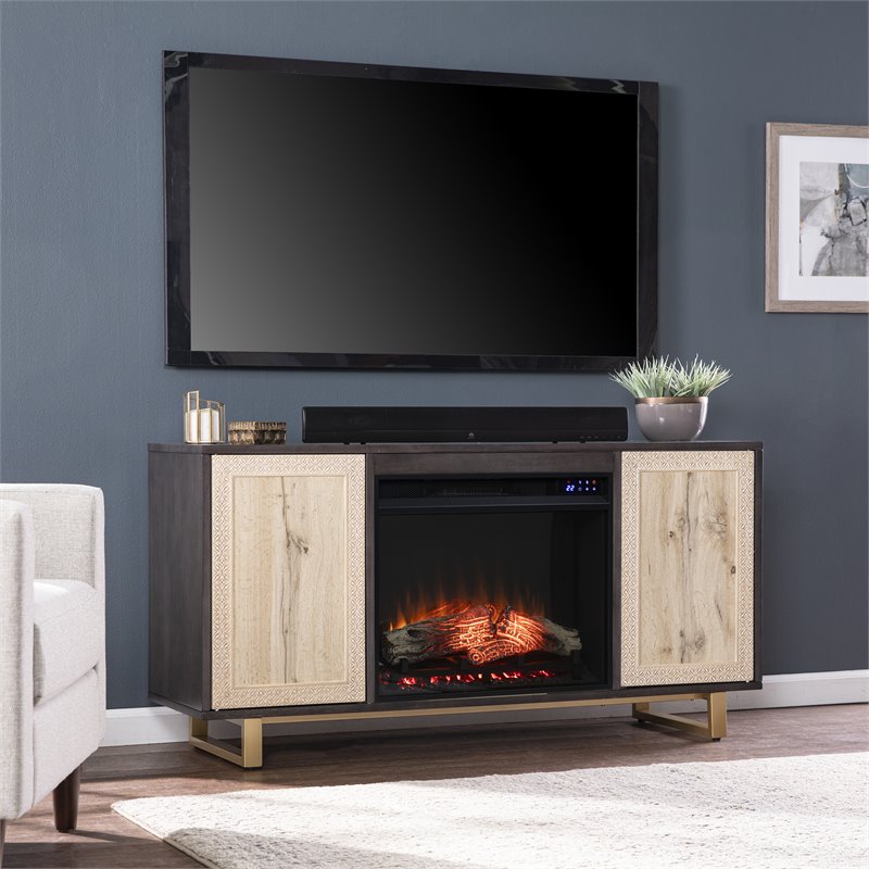 Pemberly Row Transitional Wood Electric Media Fireplace in Brown