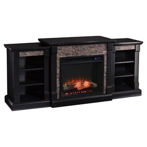 Pemberly Row Traditional Wood Electric Fireplace with Bookcase in Black
