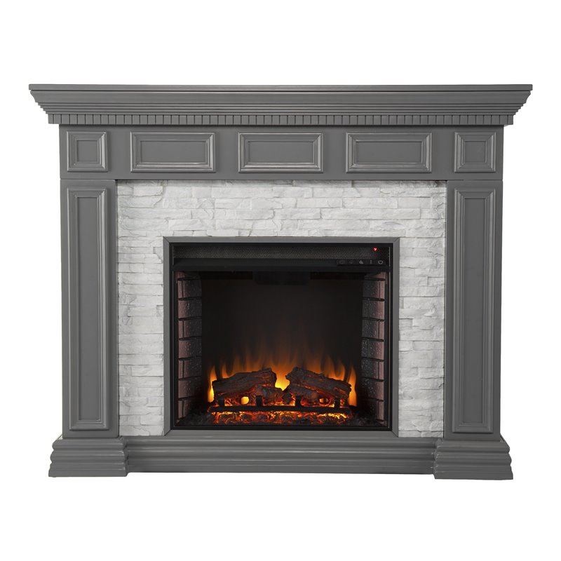 Pemberly Row Faux Stone Electric Fireplace in Gray Faux Stone