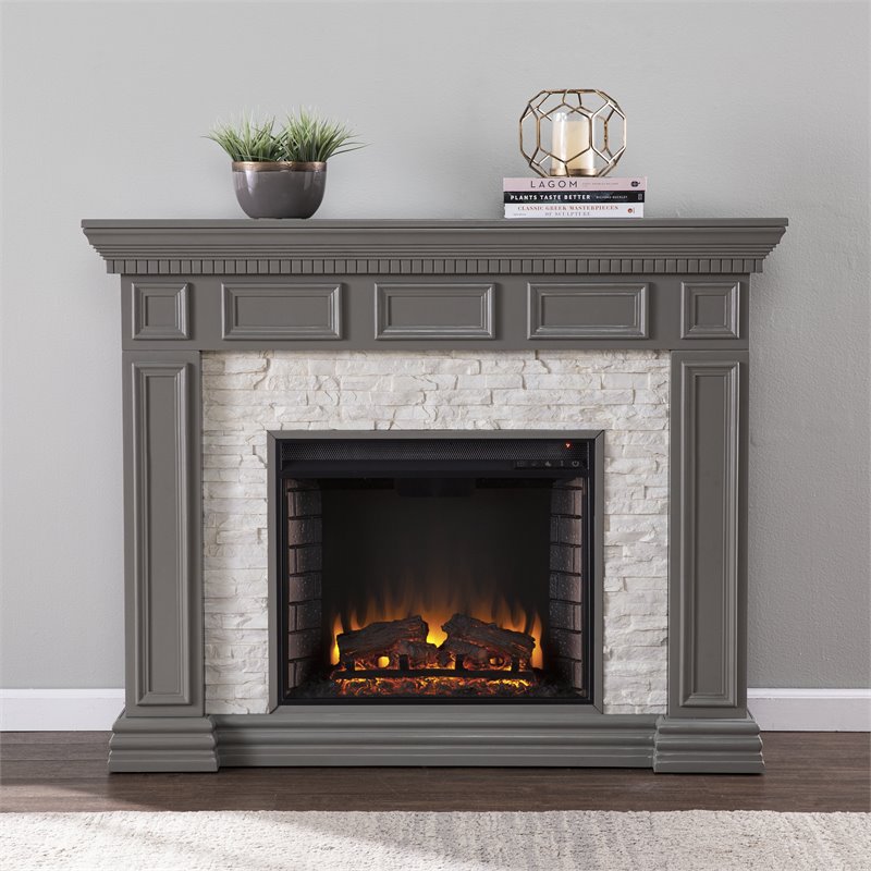 Pemberly Row Faux Stone Electric Fireplace in Gray Faux Stone