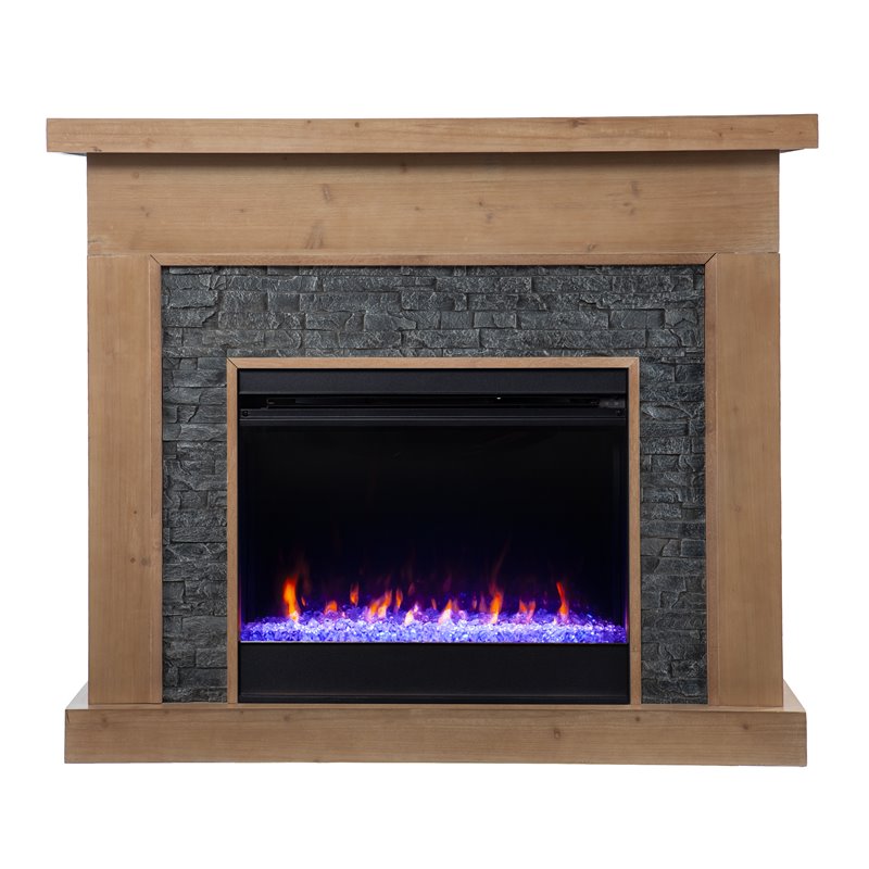 Pemberly Row Faux Stone/Wood Color Changing Fireplace in Natural/Gray