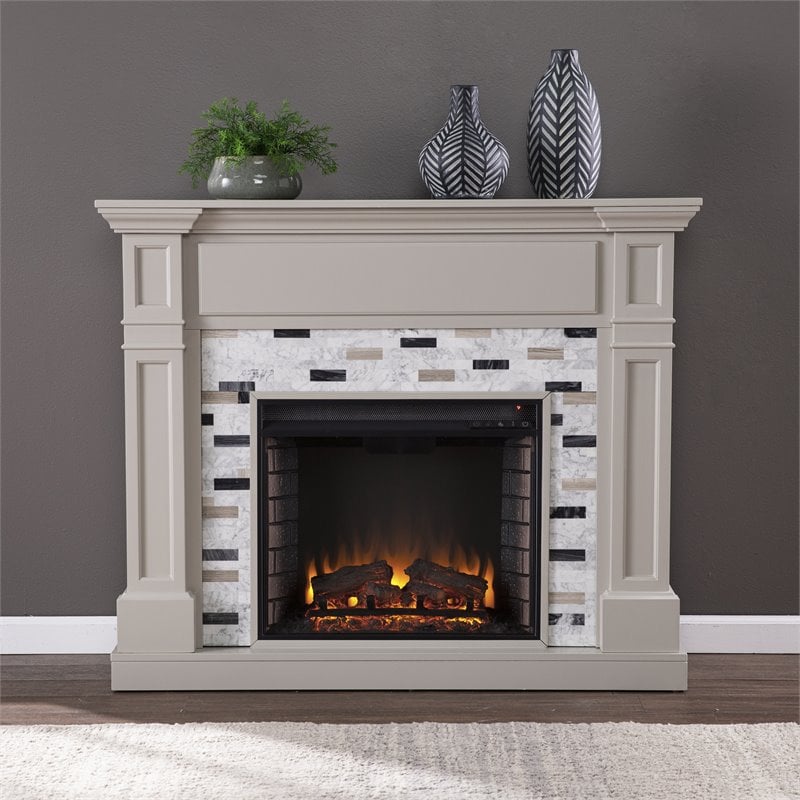 Pemberly Row Marble/Engineered Wood Electric Fireplace in Gray
