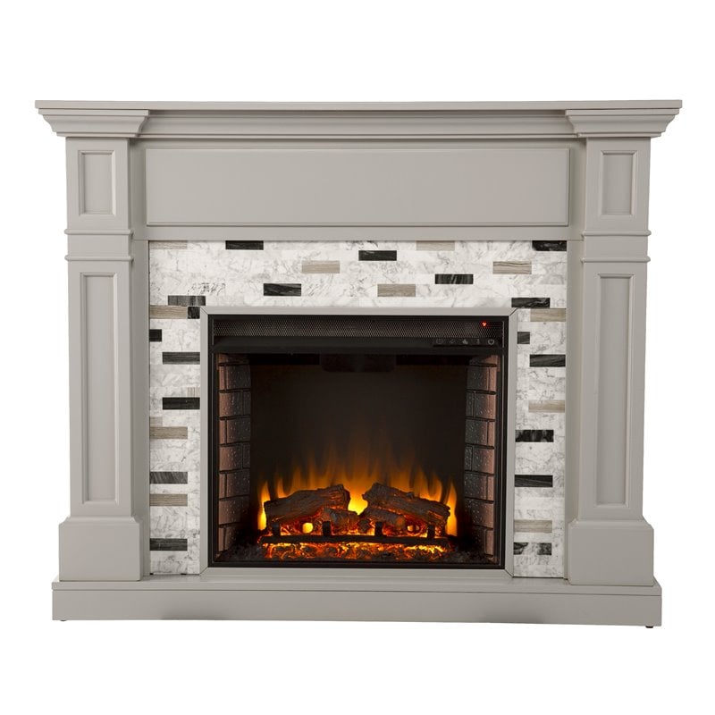 Pemberly Row Marble/Engineered Wood Electric Fireplace in Gray