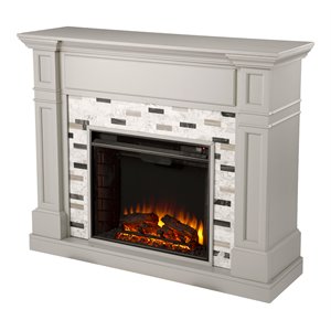 Pemberly Row Marble/Engineered Wood Electric Fireplace in Gray