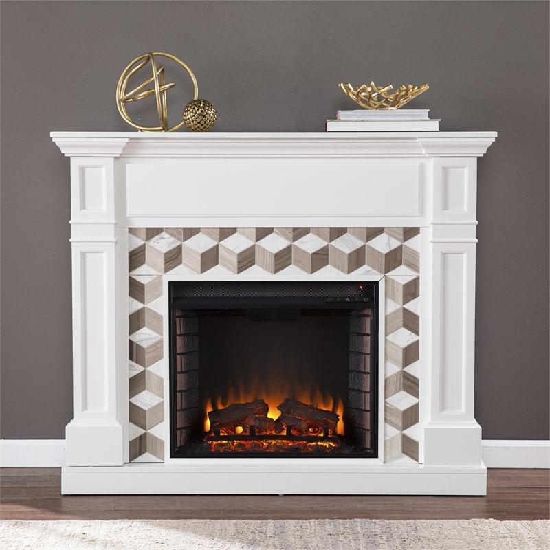 Pemberly Row Marble/Engineered Wood Electric Fireplace in White