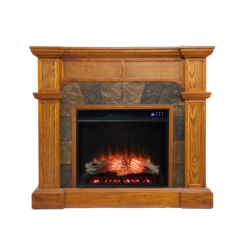 Pemberly Row Touch Screen Wood Electric Corner Fireplace in Oak
