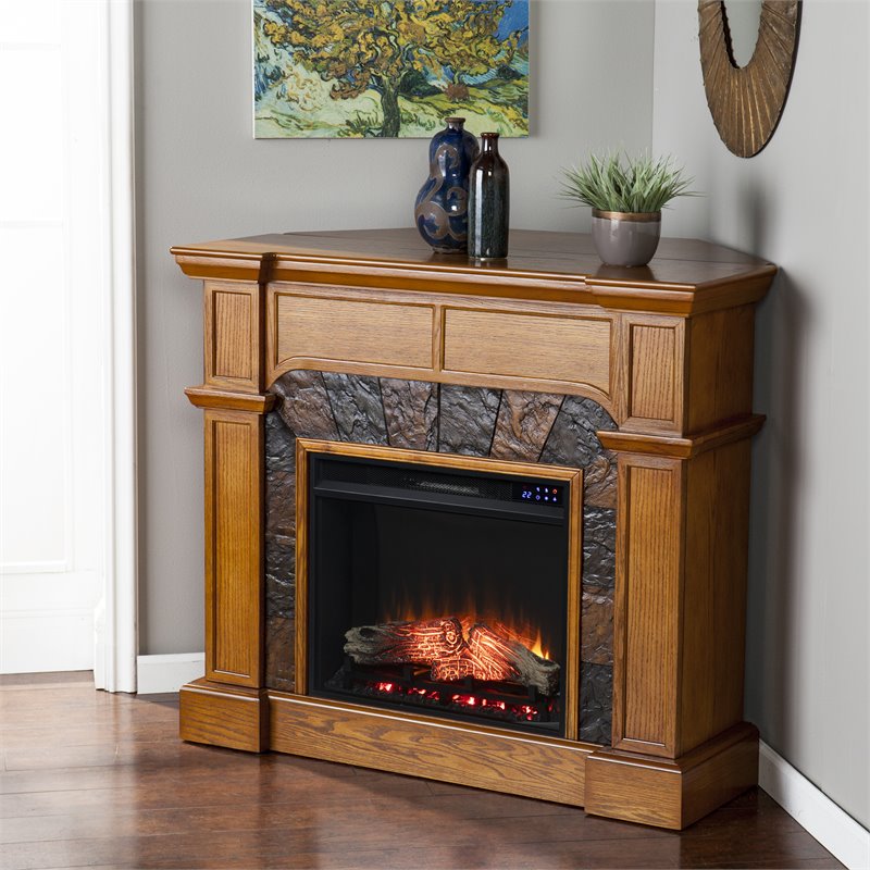 Pemberly Row Touch Screen Wood Electric Corner Fireplace in Oak