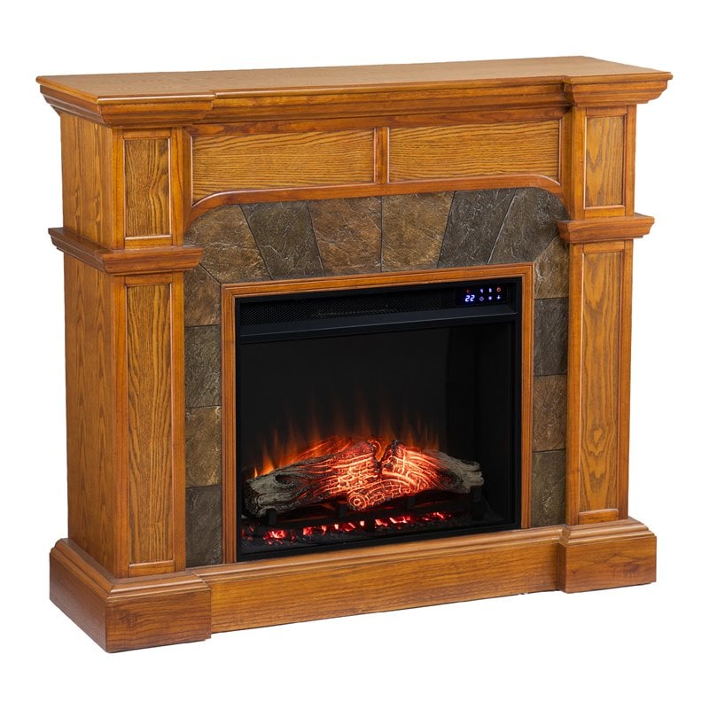 Pemberly Row Touch Screen Wood Electric Corner Fireplace in Oak