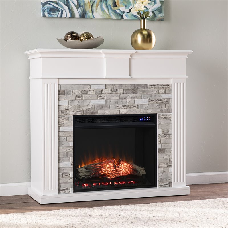 Pemberly Row Touch Screen Wood Electric Fireplace in White/Gray