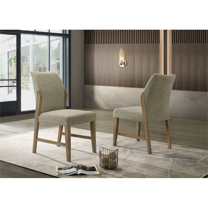 Pemberly Row Set of 2 Beige Linen Fabric Dining Chairs with Rustic Oak Legs