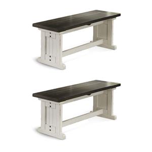 Pemberly Row Set of 2 Farmhouse Wood Side Benches in Off White & Dark Brown