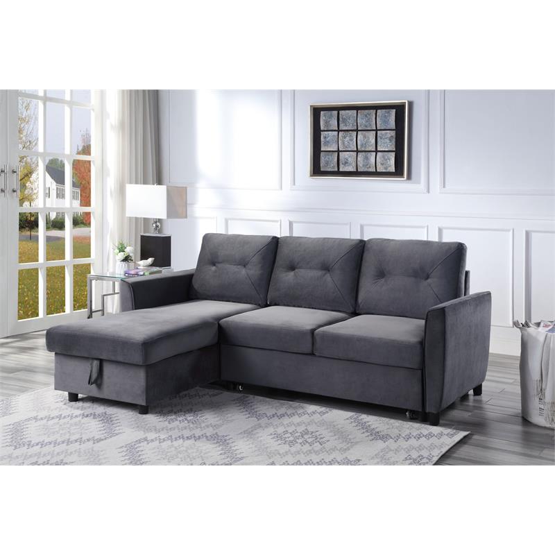 Pemberly Row Gray Velvet Reversible Sleeper Sectional Sofa with Storage Chaise