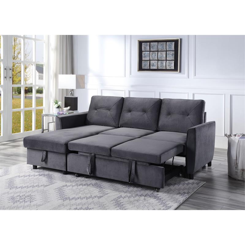 Pemberly Row Gray Velvet Reversible Sleeper Sectional Sofa with Storage Chaise