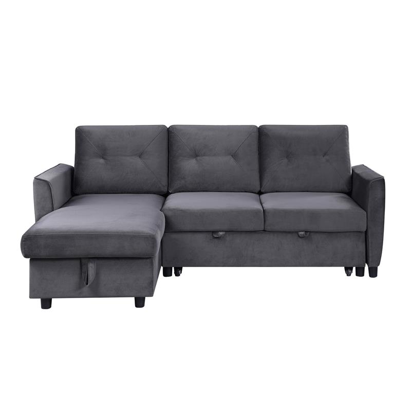 Pemberly Row Gray Velvet Reversible Sleeper Sectional Sofa with Storage Chaise