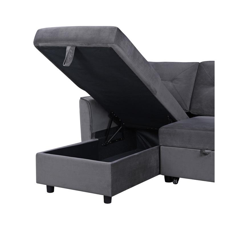 Pemberly Row Gray Velvet Reversible Sleeper Sectional Sofa with Storage Chaise