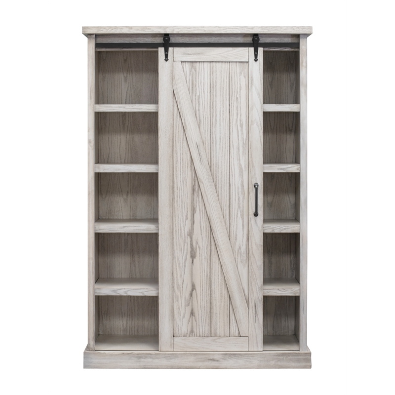 Pemberly Row 8-Shelf Wood Bookcase with Sliding Door in White