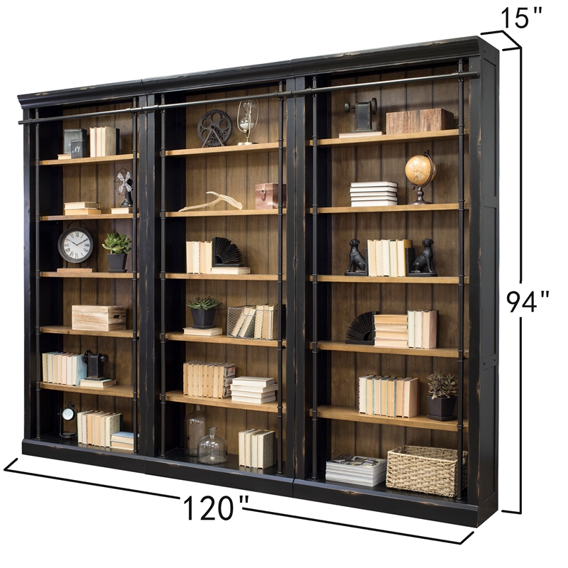 Pemberly Row 8' Black Tall Wood Bookcase Wall With Ladder Aged Office Bookcases