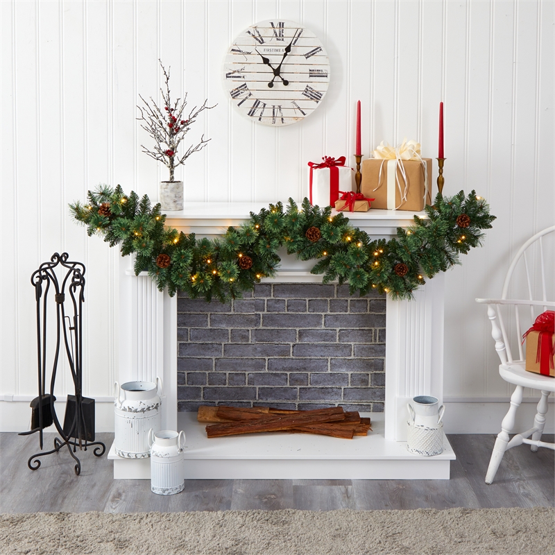 Pemberly Row 6ft White Mountain Pine Garland with 35 White Warm LED