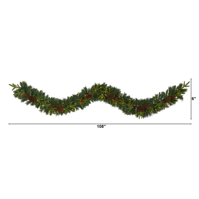 Pemberly Row 9ft Mixed Pine Christmas Garland with 50 Clear LED Lights Berries